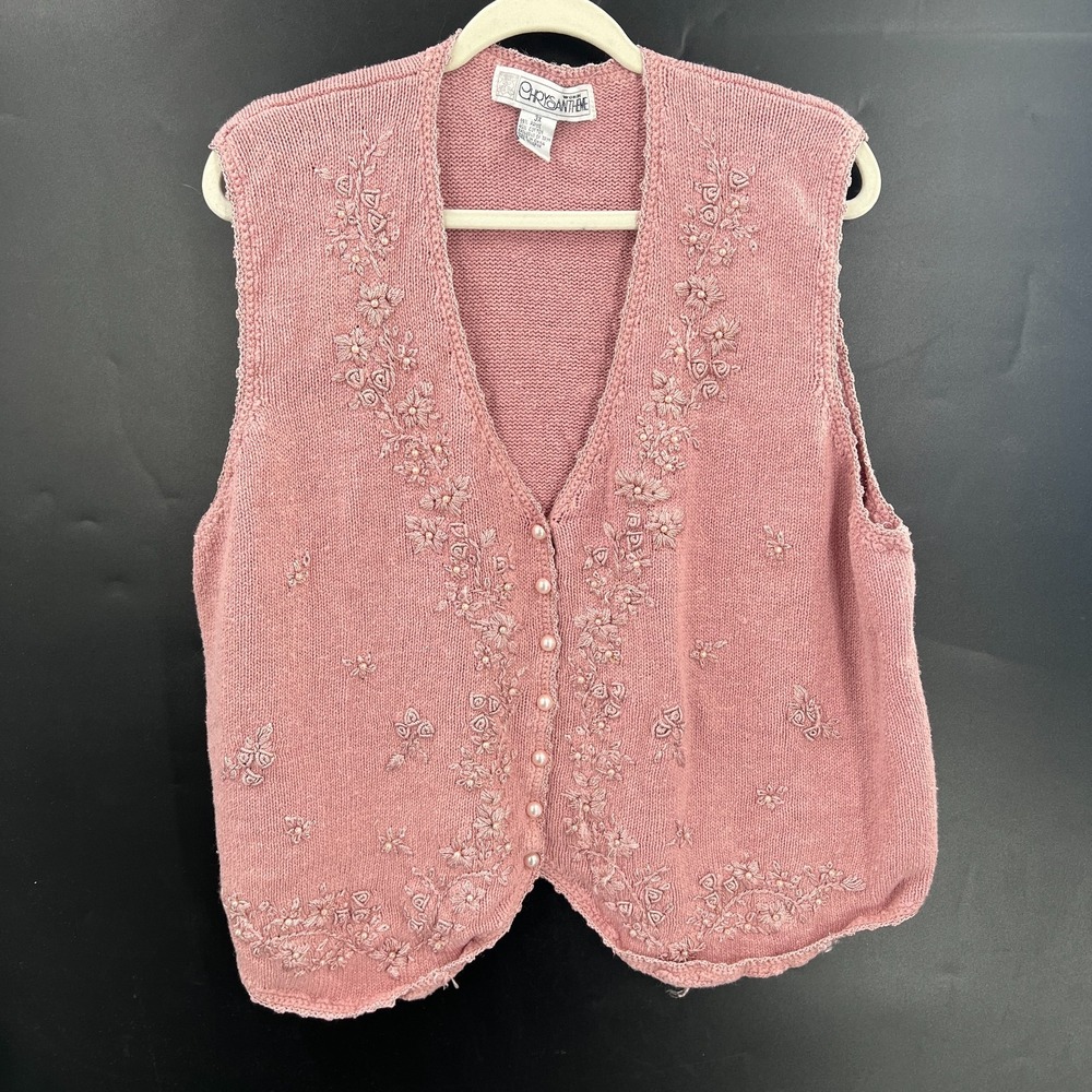 Vintage Chrysantheme pink embroidered sweater vest grandmacore cottagecore 3X